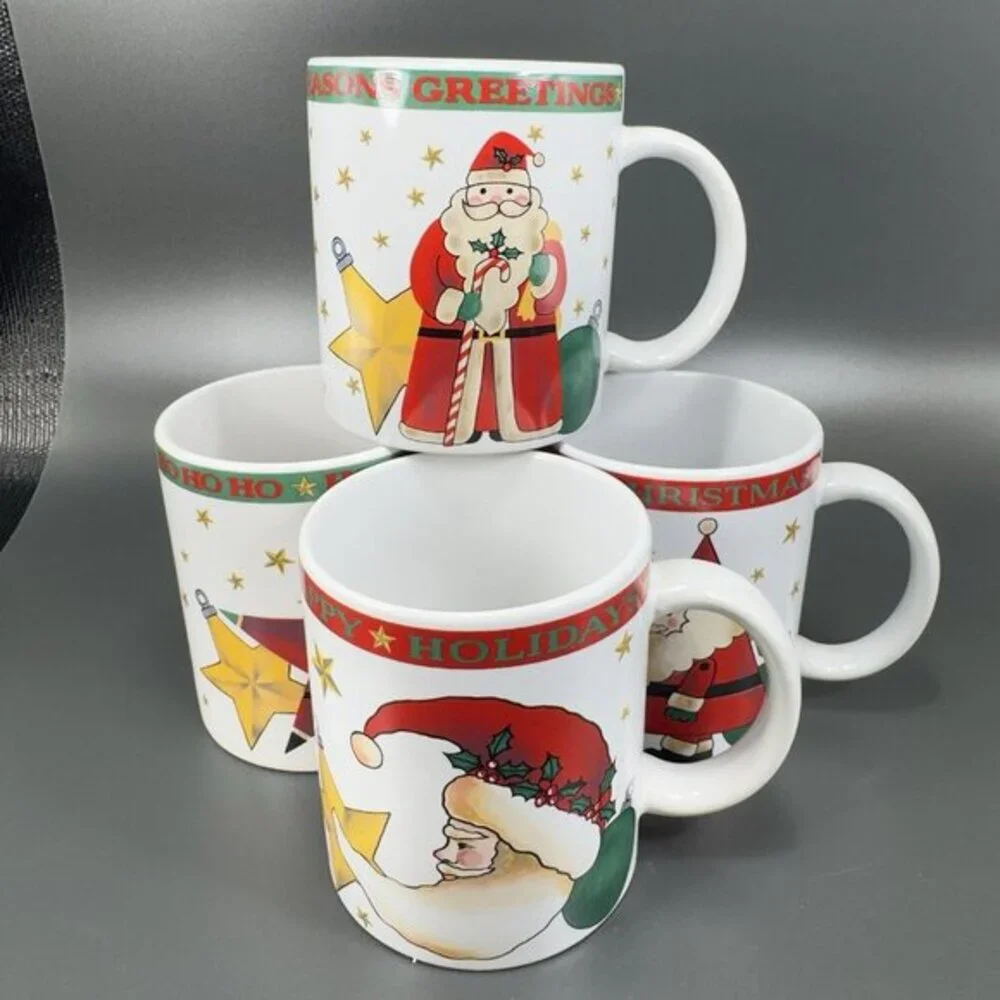 1994 Signature Housewares Santa Coffee Mug Cup Set 4 All Different Mugs Cups VTG